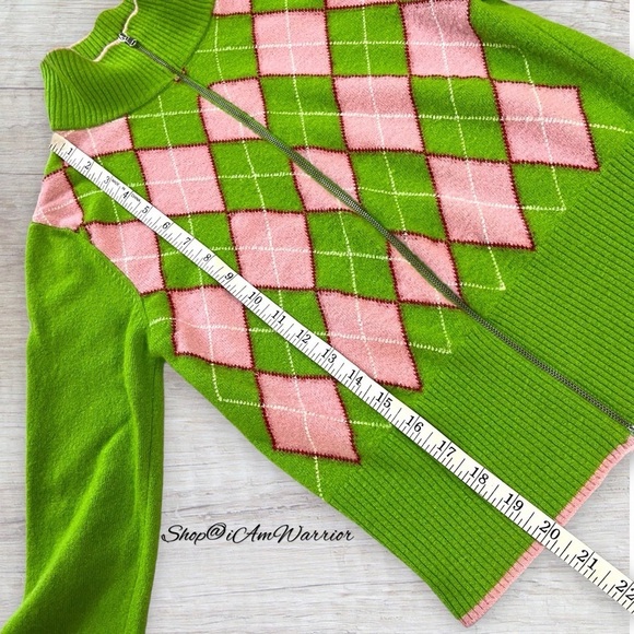 Vintage Benetton Pink & Green Argyle Full Zip Mock Neck Cardigan *iamwarrior - Picture 5 of 8